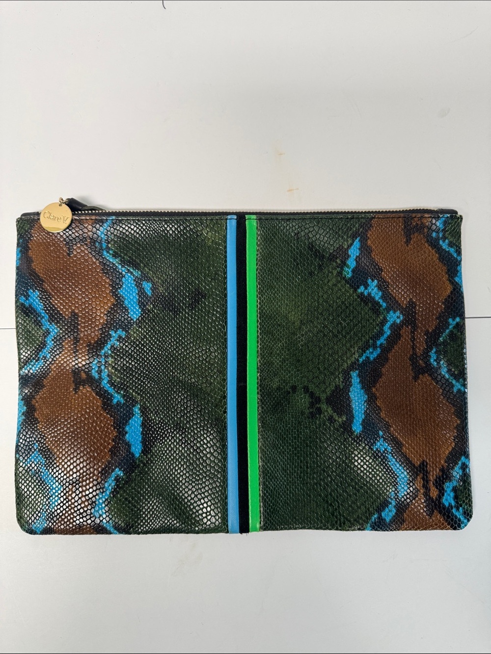 Clare V Flat Clutch In Evergreen Snake Cerulean & Black